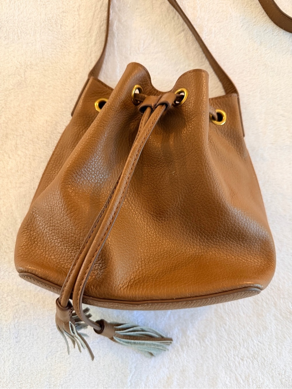 J. Crew Brown Leather Drawstring Bucket Crossbody - Picture 2 of 5